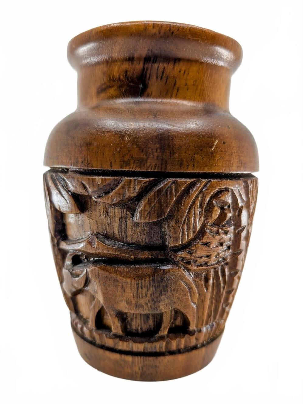 Vintage Hand Carved Wooden Vase Animal Nature Motifs Folk Art Decor